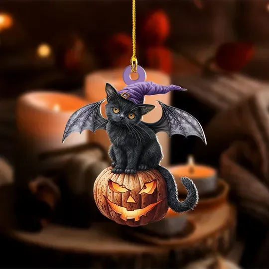 Halloween Cat With Bat Wings Ornament, Cat Pumpkin Halloween Ornament, Cat Car Ornament