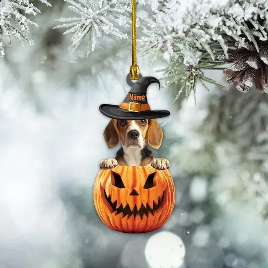 Personalized Beagle Dog Pumpkin Halloween Ornament, Dog Ornament Gift, Dog Halloween Ornament, Dog Car Ornament