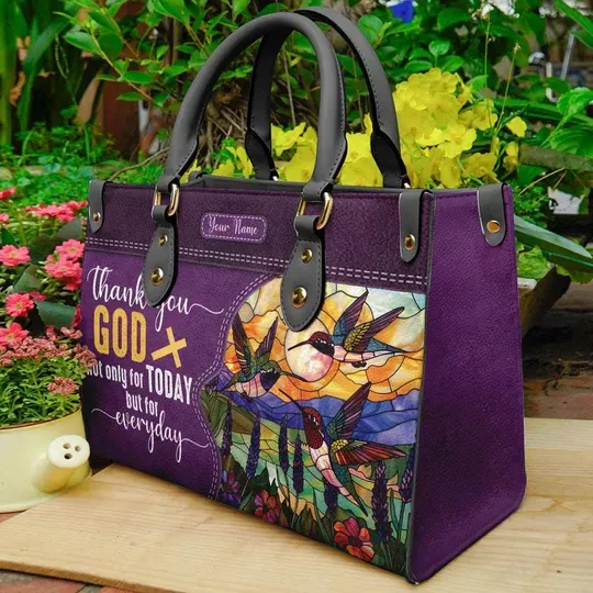 Personalized Christian Leather Handbags, Hummingbird Lavender Handbag Design, Thank You God Leather Handbag for Women