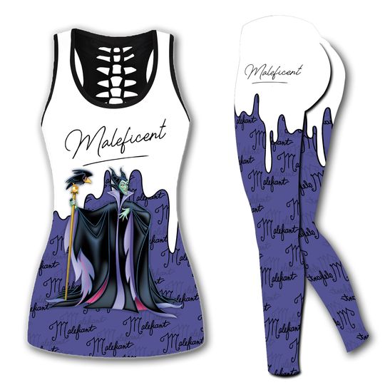 Maleficent Disney Hollow Tanktop Legging Outfit Set Cute Sport Yoga Running Work