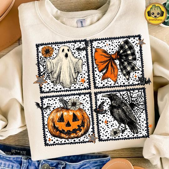 Vintage Halloween Ghost Sweatshirt with Floral Fall Pumpkin Bow Sublimation Spooky Season Retro Checkered Witch Vibes