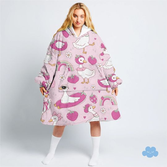 Unisex Strawberry Coquette Silly Goose Blanket Hoodie | Pastel Spring Silly Goose | Silly Goose On The Loose | Sweatshirt | Funny Gift