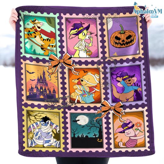 Pooh and Friends Halloween Stamp Art Blanket, Halloween Party 2025 Gift, Disneyland Spooky Season Blanket, Halloween Piglet Tigger Eeyore
