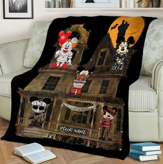 Custom Name Halloween Mickey Blanket, Halloween Movies Blanket, Xmas Gift Family, Scary Movies Blanket, Mickey Ear Halloween Blanket