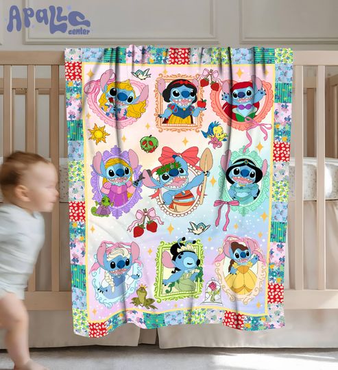 Coquette Bows Stitch DisneyPrincess Blanket, Stitch Coquette Bow Blanket, Stitch And Angel Pumpkin Blanket,Halloween Home Decor