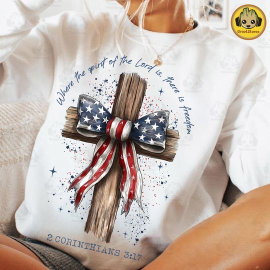 Retro American Flag Cross Sweatshirt, 4th of July Faith Love Freedom, Independence Day Christian Pullover