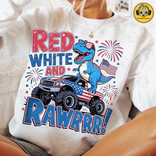 Red White And Rawr Dino T-Rex Dinosaur Kids 4th of July USA Flag Monster Truck Independence Day American Boy Sweatshirt