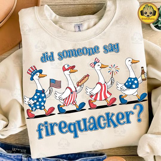 Firequacker Patriotic Goose Sweatshirt, Funny 4th of July USA Flag Graphic, Retro Independence Day Hoodie