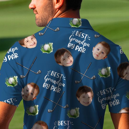 Best Grandpa By Par Polo Shirt Custom Kid Face Photo Portrait, Father's Day Gift, Custom Golf Lovers Short Sleeve Shirt, Dad Birthday Gifts