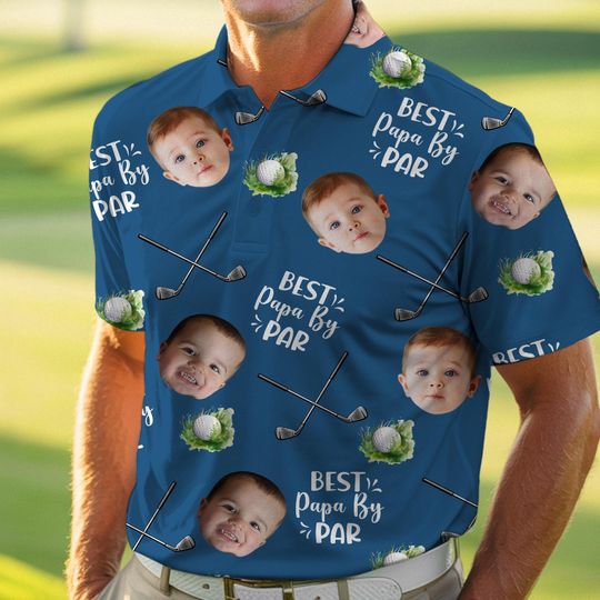 Best Papa By Par Polo Shirt Custom Kid Face Photo Portrait, Father's Day Gift, Custom Golf Lovers Short Sleeve Shirt, Dad Birthday Gifts