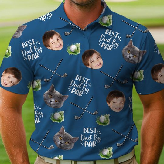 Best Dad By Par Polo Shirt Custom Kid Cat Face Photo Portrait, Father's Day Gift, Custom Golf Lovers Short Sleeve Shirt, Dad Birthday Gifts