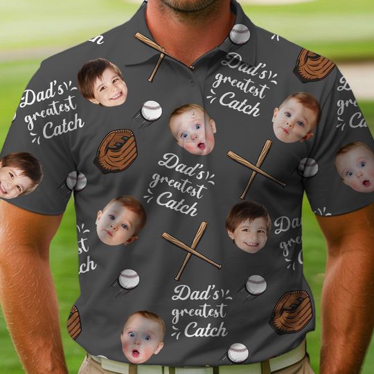 Dad's Greatest Catch Polo Shirt With Custom Kid Face Photo Portrai, Father's Day Gift, Custom Baseball Lovers Shirt, Dad Birthday Gifts