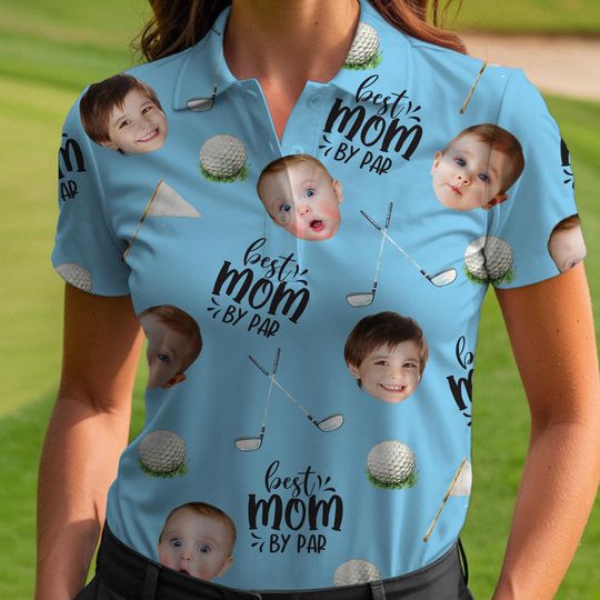 Best Mom By Par Polo Shirt With Custom Kid Face Photo Portrait, , Custom Golf Lovers Short Sleeve Shirt, Mom Birthday Gifts