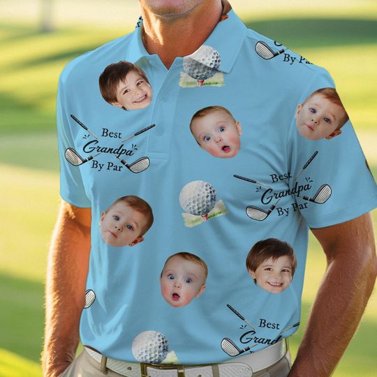 Best Grandpa By Par Polo Shirt With Custom Kid Face Photo Portrait, , Custom Golf Lovers Short Sleeve Shirt, Dad Birthday Gifts