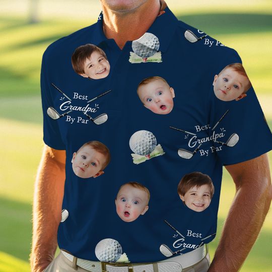 Best Grandpa By Par Polo Shirt With Custom Kid Face Photo Portrait, , Custom Golf Lovers Short Sleeve Shirt, Dad Birthday Gifts