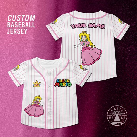 Custom Princess Peach Super Mario Bros Baseball Jersey, Peach Princess Mario Jersey Shirt, Super Mario Nintendo Universal Studio Trip Shirt