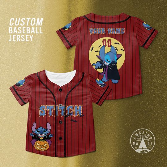 Custom Stitch Dracula Baseball Jersey, Disney Halloween Party Shirt, Lilo and Stitch Spooky Season Disney Trip Shirt Gift.