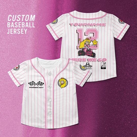 Custom Princess Peach Mario Kart Baseball Jersey, Nintendo Super Mario Jersey Shirt, Mario Kart Shirt, Nintendo Universal Studio Trip Shirt