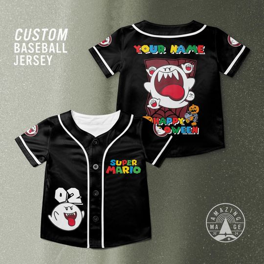 Custom Mario Boo Happy Halloween Baseball Jersey, Mario Character Halloween Jersey Shirt, Mario Nintendo Halloween Gift Shirt