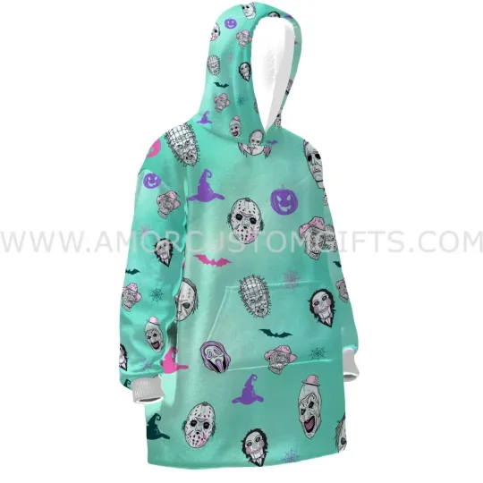Custom Personalized Pink Horror Icons Halloween Blanket Hoodie, Gift For Halloween, Christmas, Birthday