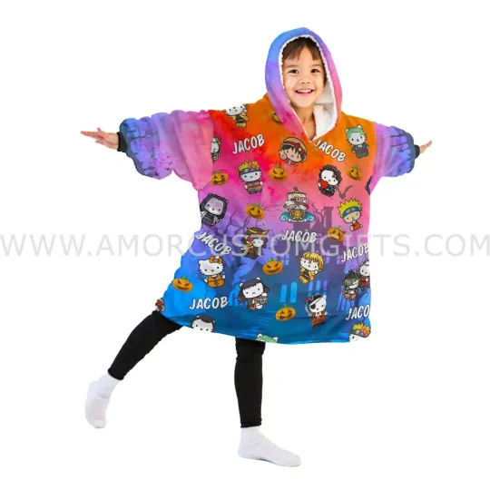 Personalized Hello Kitty Anime Characters Blanket Hoodie, Gift For Halloween, Christmas, Birthday