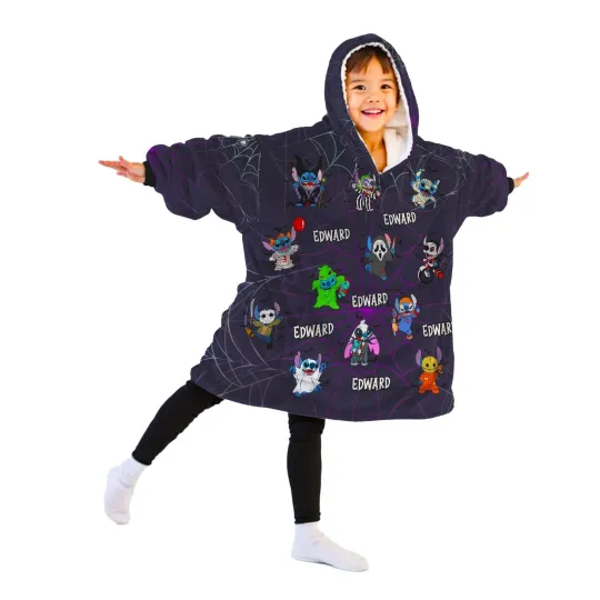 Personalized Stitchy Horror Icons Halloween Blanket Hoodie, Gift For Halloween, Christmas, Birthday