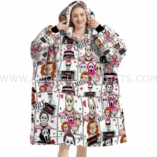 Personalized Pink Horror Icons Comics Halloween Blanket Hoodie, Gift For Halloween, Christmas, Birthday