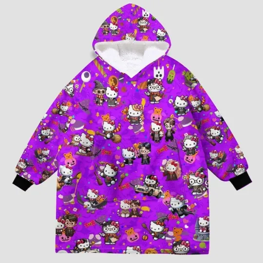 Personalized Halloween Hello Cartoon Cat Kittie Blanket Hoodie, Gift For Halloween, Christmas, Birthday