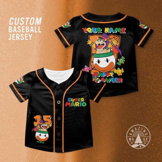 Custom Mario Bowser Happy Halloween Baseball Jersey, Mario Character Halloween Jersey Shirt, Mario Nintendo Halloween Gift Shirt