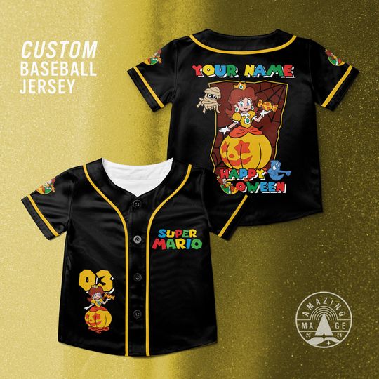 Custom Princess Daisy Happy Halloween Baseball Jersey, Mario Character Halloween Jersey Shirt, Mario Nintendo Halloween Gift Shirt