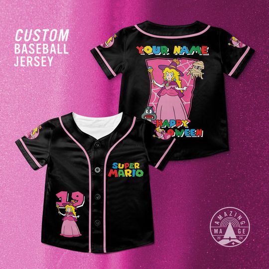 Custom Mario Peaches Happy Halloween Baseball Jersey, Princess Peach Mario Halloween Jersey Shirt, Mario Nintendo Halloween Gift Shirt