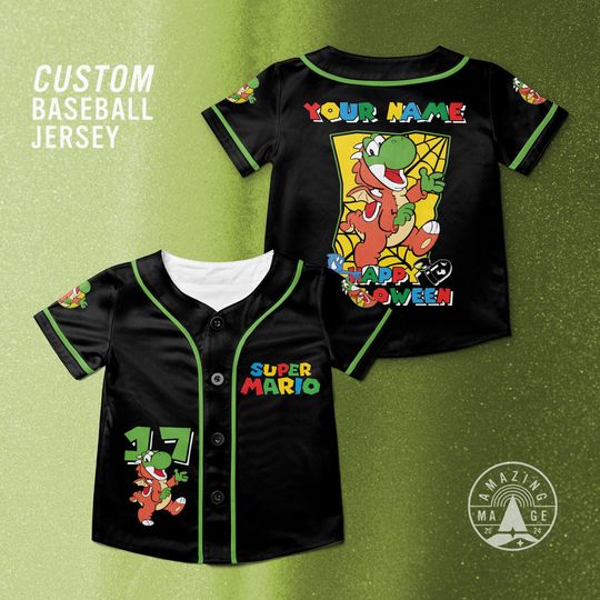 Custom Yoshi Happy Halloween Baseball Jersey, Mario Halloween Jersey Shirt, Mario Nintendo Halloween Gift Shirt
