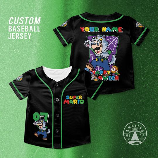 Custom Luigi Happy Halloween Baseball Jersey, Mario Halloween Jersey Shirt, Mario Nintendo Halloween Gift Shirt