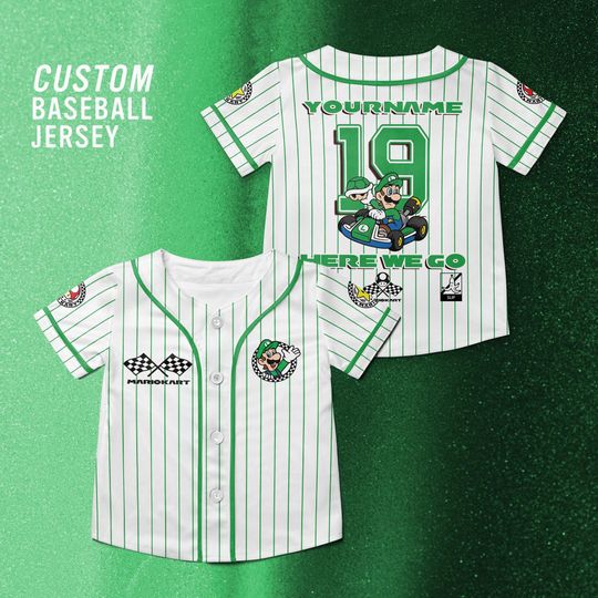 Custom Luigi Mario Kart Baseball Jersey, Nintendo Super Mario Luigi Shirt, Mario Kart Shirt, Nintendo Universal Studio Trip Shirt