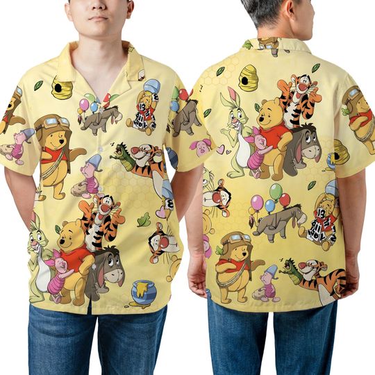 Unisex Cute Winnie The Pooh And Friends Button Shirt, Pooh Bear Tigger Eeyore Piglet Rabbit Disney Shirt, Disneyland Family Matching Outfits
