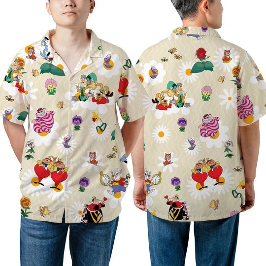 Unisex Alice In Wonderland Hawaiian Shirt, Cheshire Mad Hatter White Rabbit Disney Hawaii Shirt, Disneyland Family Summer Vacation Shirt