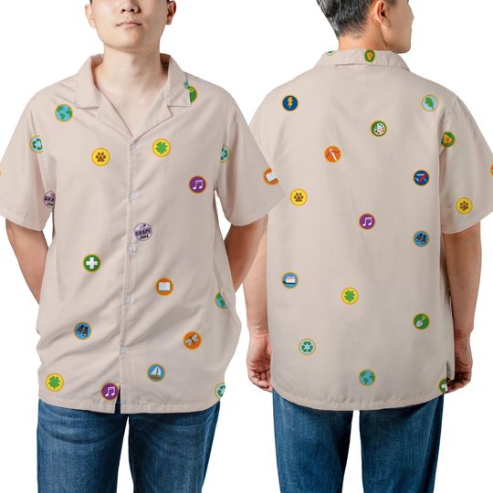 Unisex Disney Up Movie Russell's Badges Hawaiian Shirt, Grape Soda Badge Adventure Is Out There Hawaii Shirt, Disneyland Family Trip Outfits