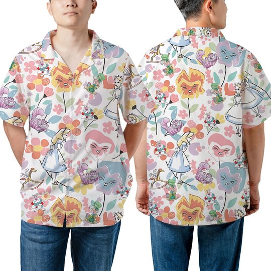 Unisex Vintage Alice In Wonderland Flower Garden Hawaiian Shirt, Alice Cheshire Cat Mad Hatter, Family Hawaii Floral, Disneyland Summer Trip