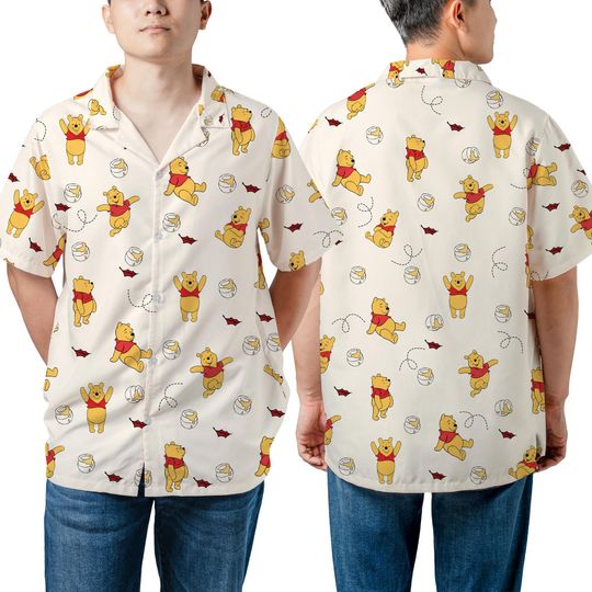 Unisex Vintage Winnie The Pooh Honey Pot Autumn Leaves Hawaiian Shirt, Pooh Bear Disney Hawaii Shirt, Disneyland Family Summer Trip Matching