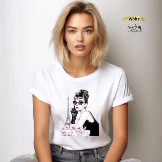 Paris Audrey Hepburn T-Shirt - Breakfast at Tiffany's Style - Eiffel Tower Retro Pink Design - Vintage Fashion Tee