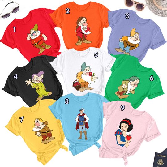 Princess and Dwarfs Matching T-Shirt, Dwarf Family Group Cosplay Gift, Seven Character Costume Tee, Magic Kingdom Family Trip Shirt