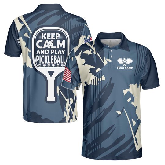 Custom Name America Camo Blue Keep Calm And Play Pickleball Polo Shirt