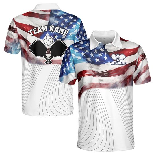 Personalized Name American Flag Patrotic Pickleball Polo Shirt