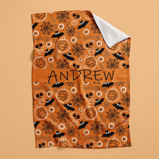 Custom Name Halloween Blanket for Kids - Spooky Fall Toddler Blanket, Halloween Home Decor, Printable Halloween Gift