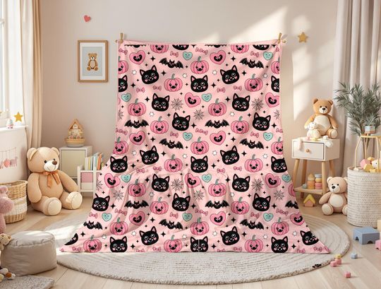 Pink Halloween Fleece Blanket with Ghosts and Bats, Kids Decor, Cozy Throw