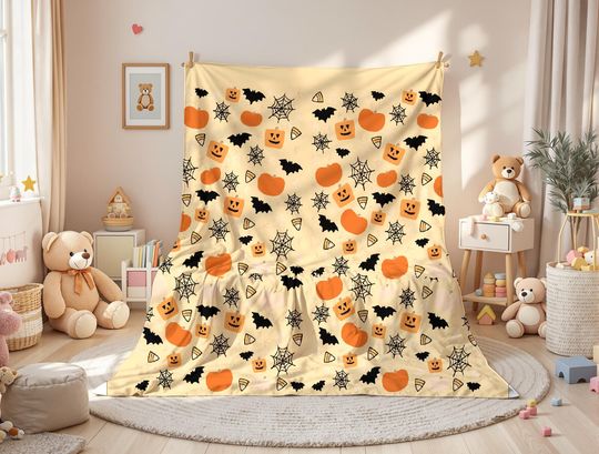 Halloween 2025 Fleece Blanket - Ghosts, Bats & Horror Vintage Design Kids Throw Holiday Home Decor