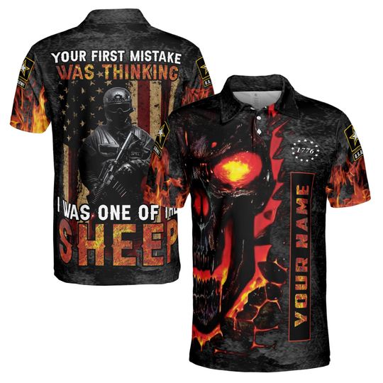 Custom Name Veteran Retro America Flag Fire Skull Soldier Polo Shirt