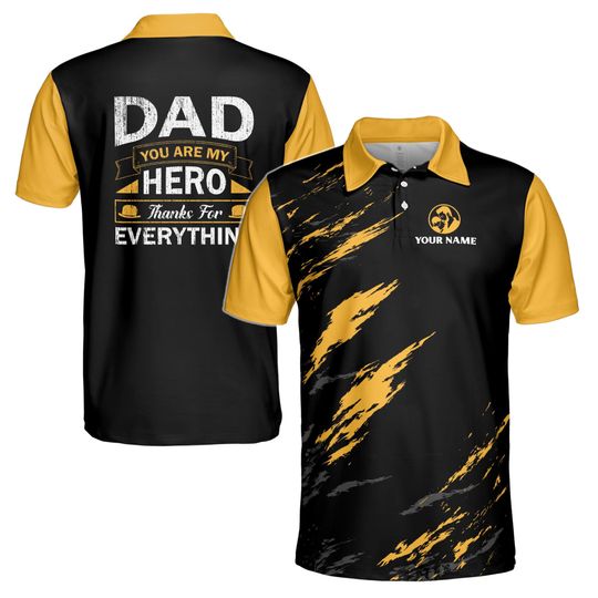 Custom Name My Hero Dad Gift for Father Black Yellow Polo Shirt