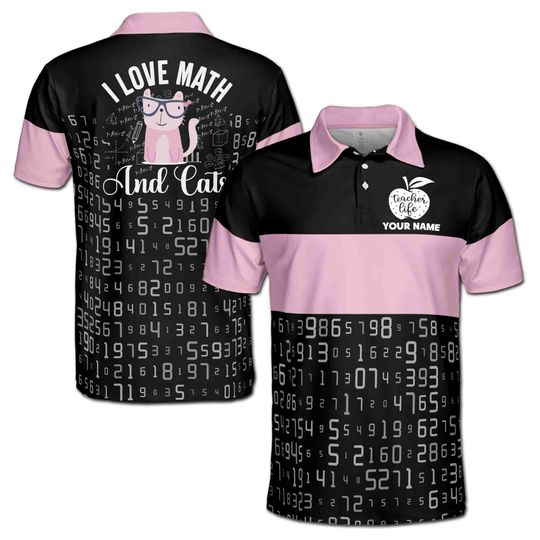 Custom Funny I Love Math And Cat Pink and Black Polo Shirt