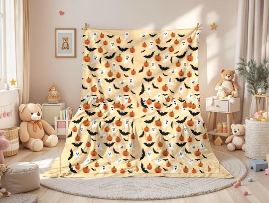 Halloween Fleece Blanket for Kids, Ghosts, Bats, Pumpkin, Comfortable Warm Throw
